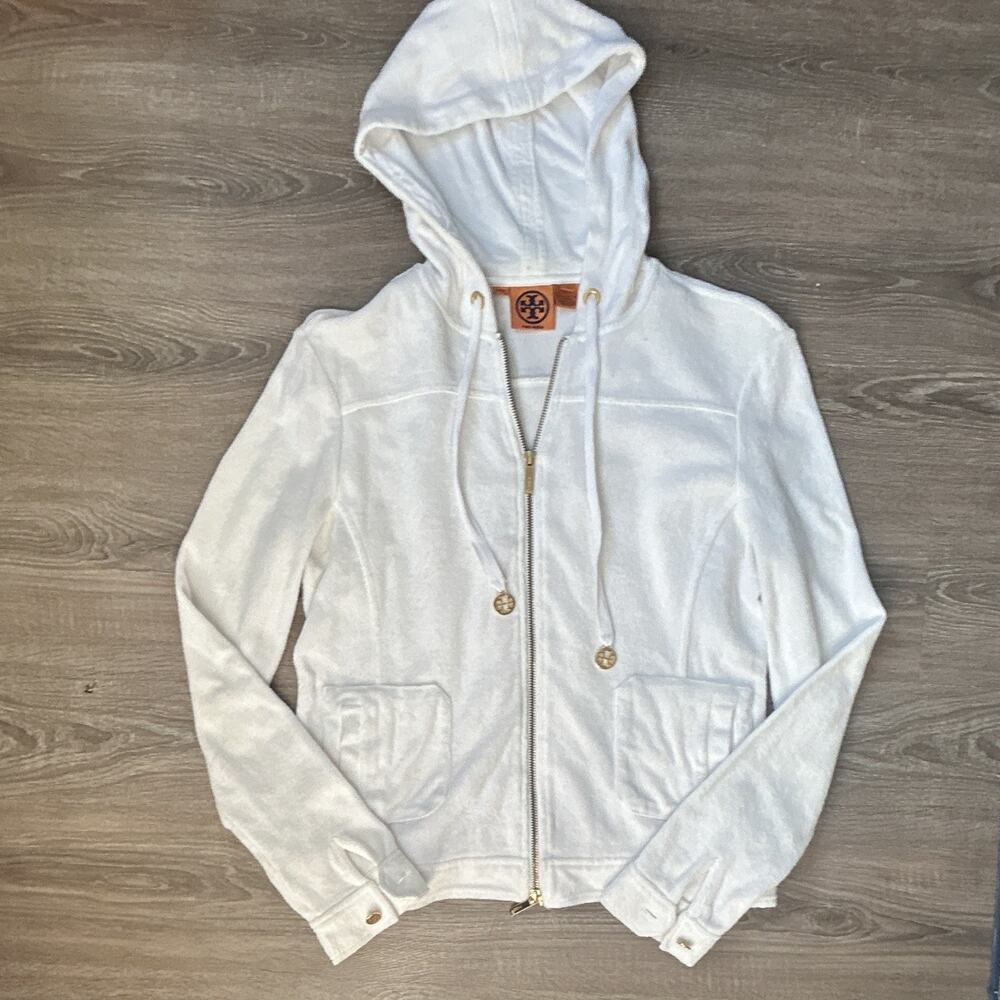 Y2K Tory Burch White Full Zip Hoodie Jacket Gold Logo Charm Size S Sporty Cozy